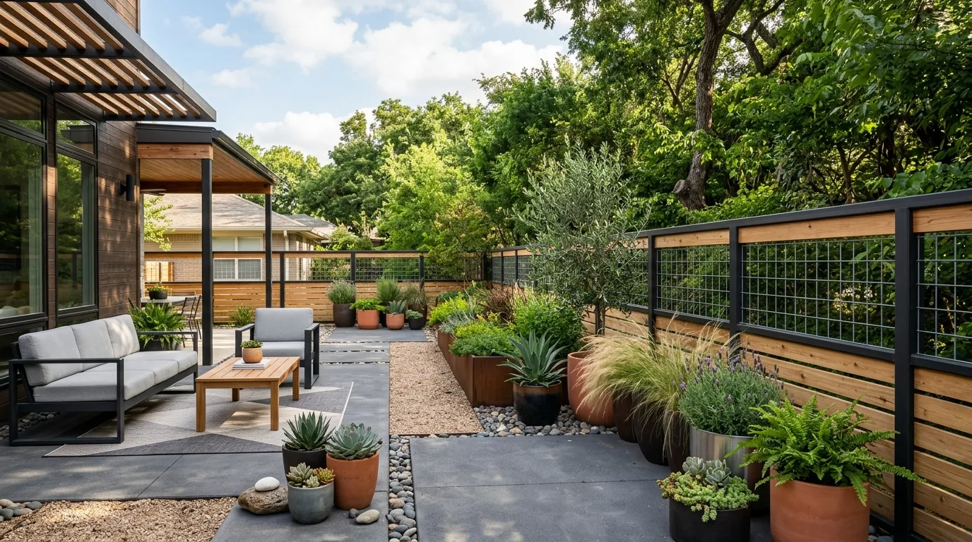 Modern Backyard With Horizontal Hog Wire Panels